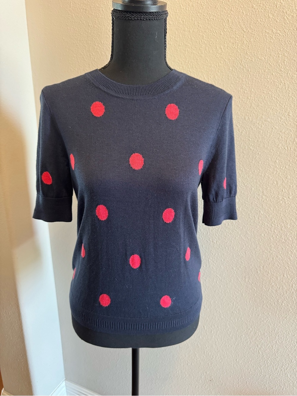JCrew Navy/pink polka SS sweater Sm EEEEUC